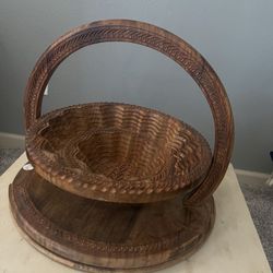 VINTAGE Collapsible Wood Carved Basket