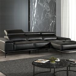 Black Modern Leather Sectional with Adjustable Headrests 