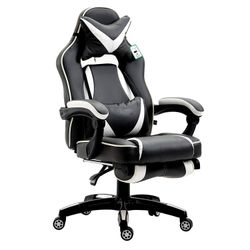 High Back Recliner Gaming Swivel Chair with Footrest & Adjustable Lumbar & Head Cushion, MR49 Black & White  
