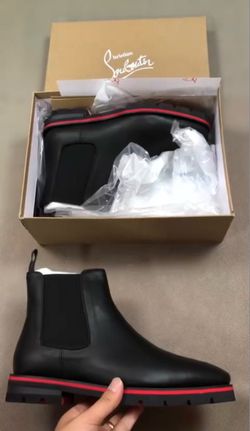 Christian Louboutin Men’s Black Leather Chelsea Boots – Red Trim Lug Sole – With Box