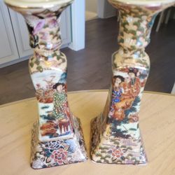 VINTAGE SATSUMA HAND PAINTED CANDLE STICK HOLDERS