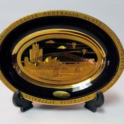 Vintage Australia Sydney Opera House Plate with Stand Holder, Lustered and Gold Plated, 5''