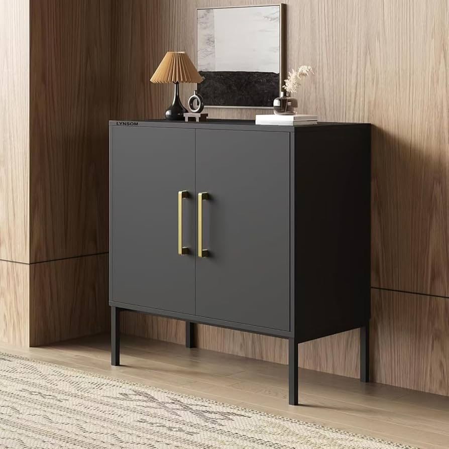 FH007BK Storage Cabinet with Doors and Shelves, Free Standing Office Cabinet, Modern Wood Buffet Sideboard for Kitchen, Living Room, Bedroom, Hallway,