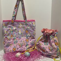 EASTER EGG HUNT GNOME BUNNIES HANDMADE QUILTED TOTE &  BASKET BAG