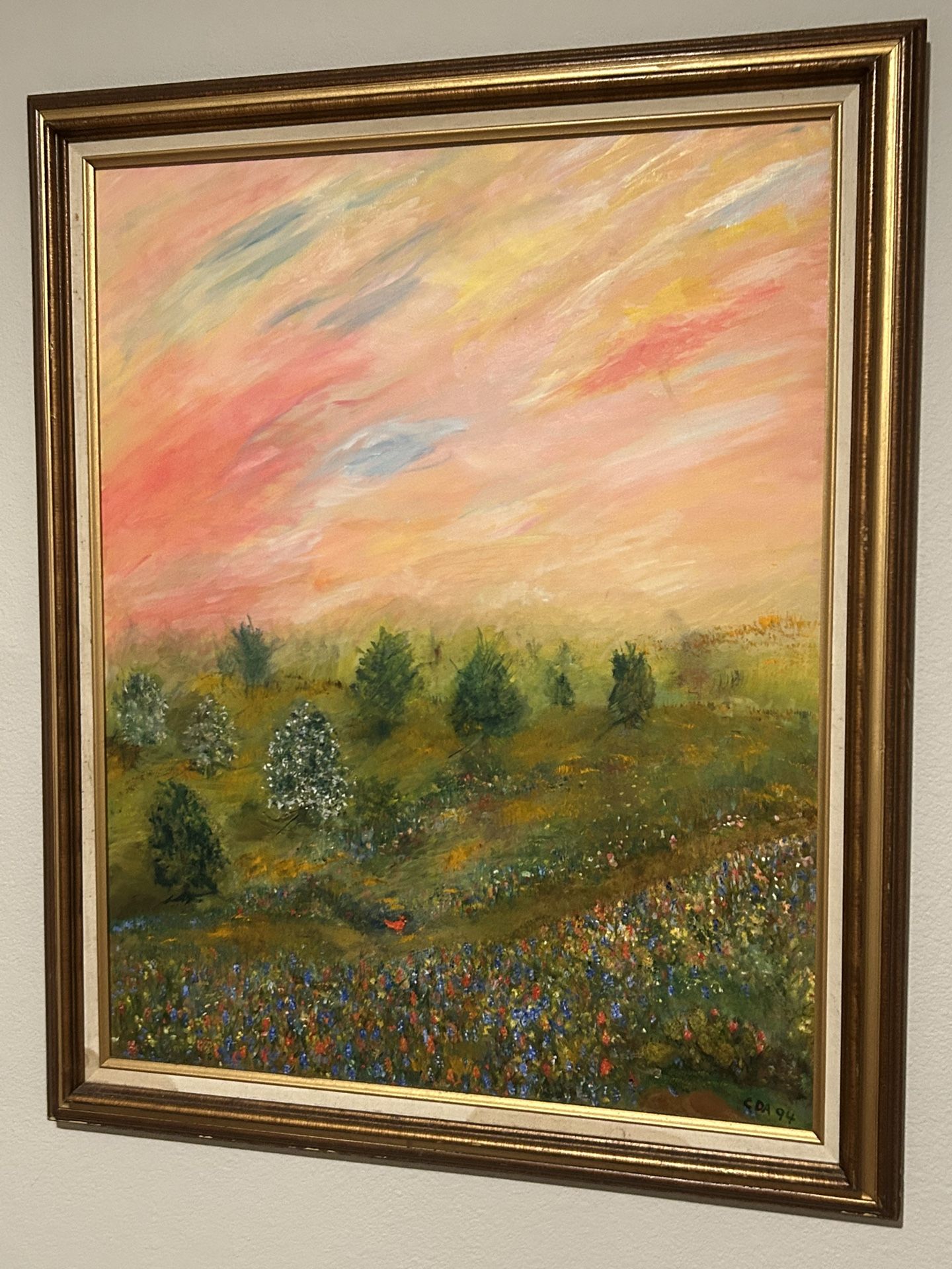 Vintage Painting Of A Meadow At Sunset