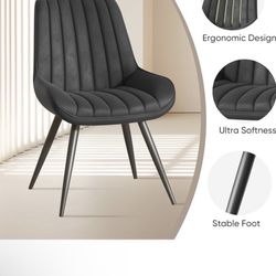 Modern Dining Chairs Set of 2, Comfortable Dining Room Chairs with Thick Cushions, Fabric Upholstered Side Chairs with Metal Legs for Kitchen, Black