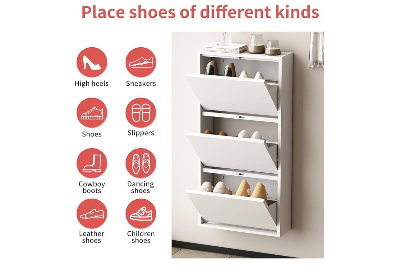 Metal Shoe Storage Cabinet with 3 Flip Drawers,White Wall Mount Slim Shoe Organizer for Entryway, Narrow Hidden Shoe Storage Rack for Hallway, (EF4)