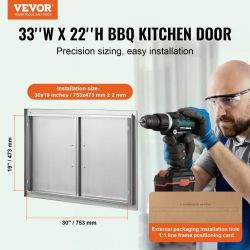 BBQ Access Door, 33W x 22H Inch Double Outdoor Kitchen Door, Stainless Steel Flush Mount Door, Wall Vertical Door with Handles, for BBQ Island, Grilli