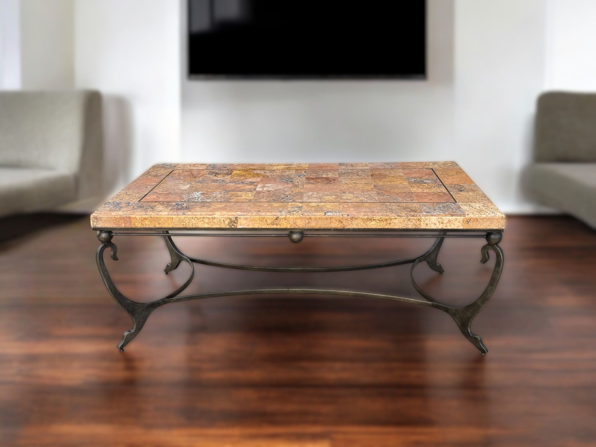 Rustic Stone & Wrought Iron Rectangular Coffee Table
