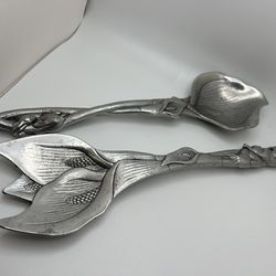 Vintage Arthur Court Calla Lily & Rabbit Serving Spoon & Fork Set Signed 1991