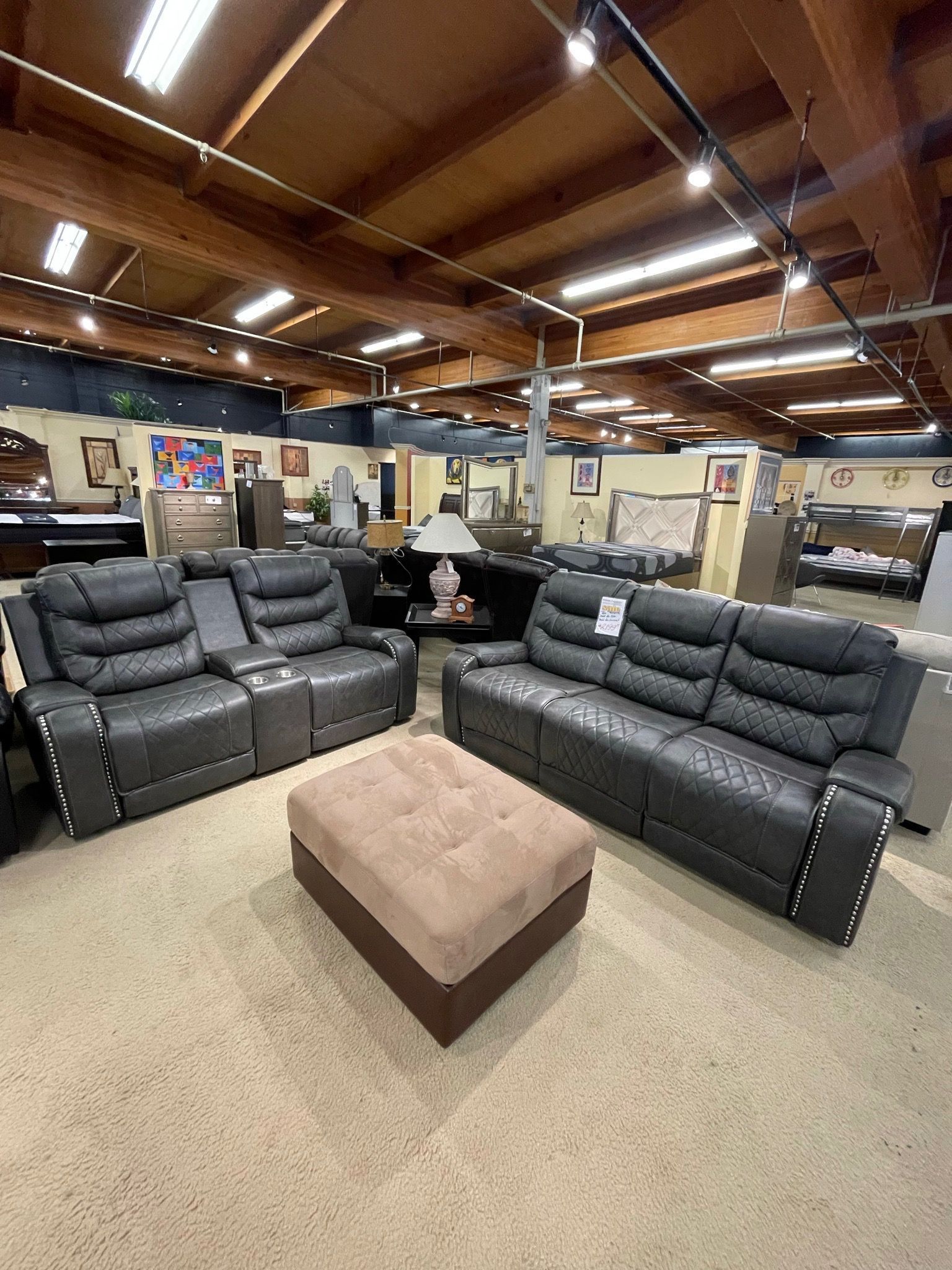 Gray Double Reclining Sofa with Drop-Down Cup Holders, USB Ports & Power Outlets β New Faux Leather Couch