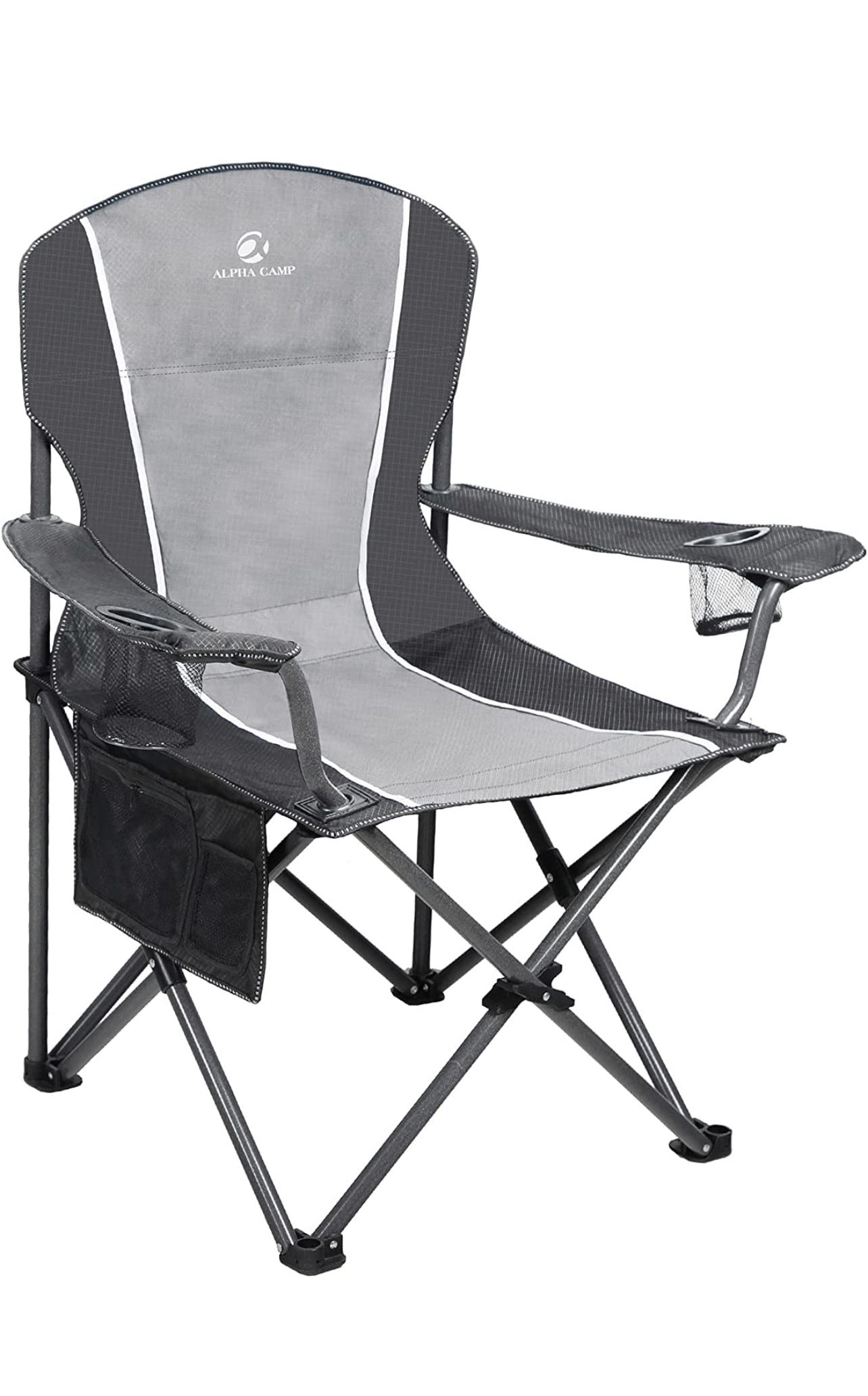 ALPHA CAMP Oversized Camping Folding Chair Heavy Duty Steel Frame Support 350 LBS Collapsible Padded Arm Chair with Cup Holder Quad Lumbar Back Chair