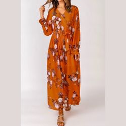 Meghan, Orange Floral, V-Neck Maxi Dress