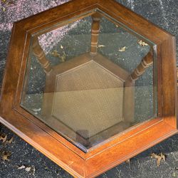 Vintage Hexagon Oak & Glass End Table