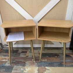 Natural Nightstand Set of 2, Small Bed Side Table for Small Spaces, Mid Century Modern Nightstand End Table with Open Storage, Side Table for Bedroom 