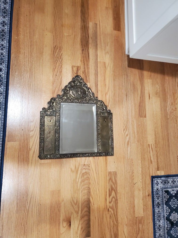 Antique Brass Beveled Mirror W 2 Hooks