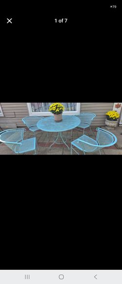 Turquoise Wrought Iron Patio Table and Chair Set. Including Umbrella.