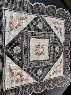 Vintage crocheted 43” x 43” table cloth