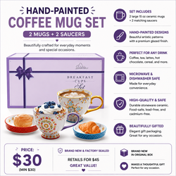 Brand New Hand-Painted Ceramic Coffee Mug Set: 2 Mugs & 2 Saucers