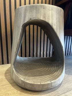 Sculptural Carved Wood Stump Stool / Side Table, Gray Wash