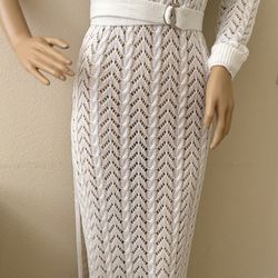 WHITE crochet Knit Sweater Belted Beach Cover Up Maxi Dress