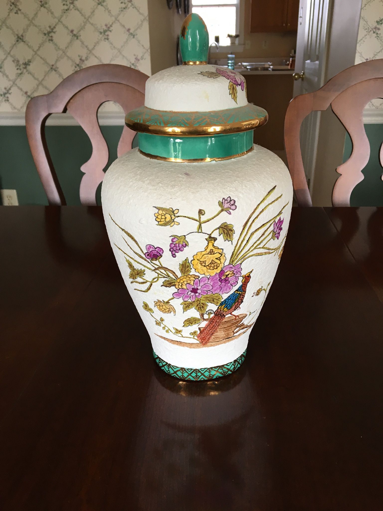 Urn, ceramic, decorative only, hand made, hand painted