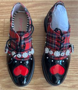 Betsey Johnson Plaid Oxford Shoes with Pearl Embellishments