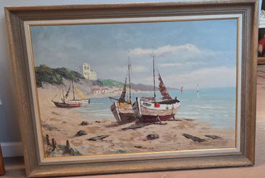 Vintage Nautical Beach Seascape Original Oil Painting, Signed by Evers, 41.5" x 30" large