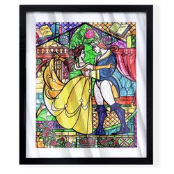 Beauty and the beast stained glass windows art piece in black frame