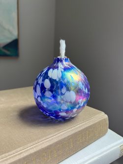 Small Hand Blown Iridescent Art Glass Oil Lamp ( firm on price )