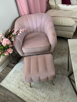 Pink Velvet Accent Chair with Ottoman