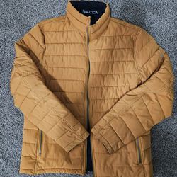 Nautica Puffer Jacket Men’s Medium Tan Brown Full Zip Lightweight Quilted Coat