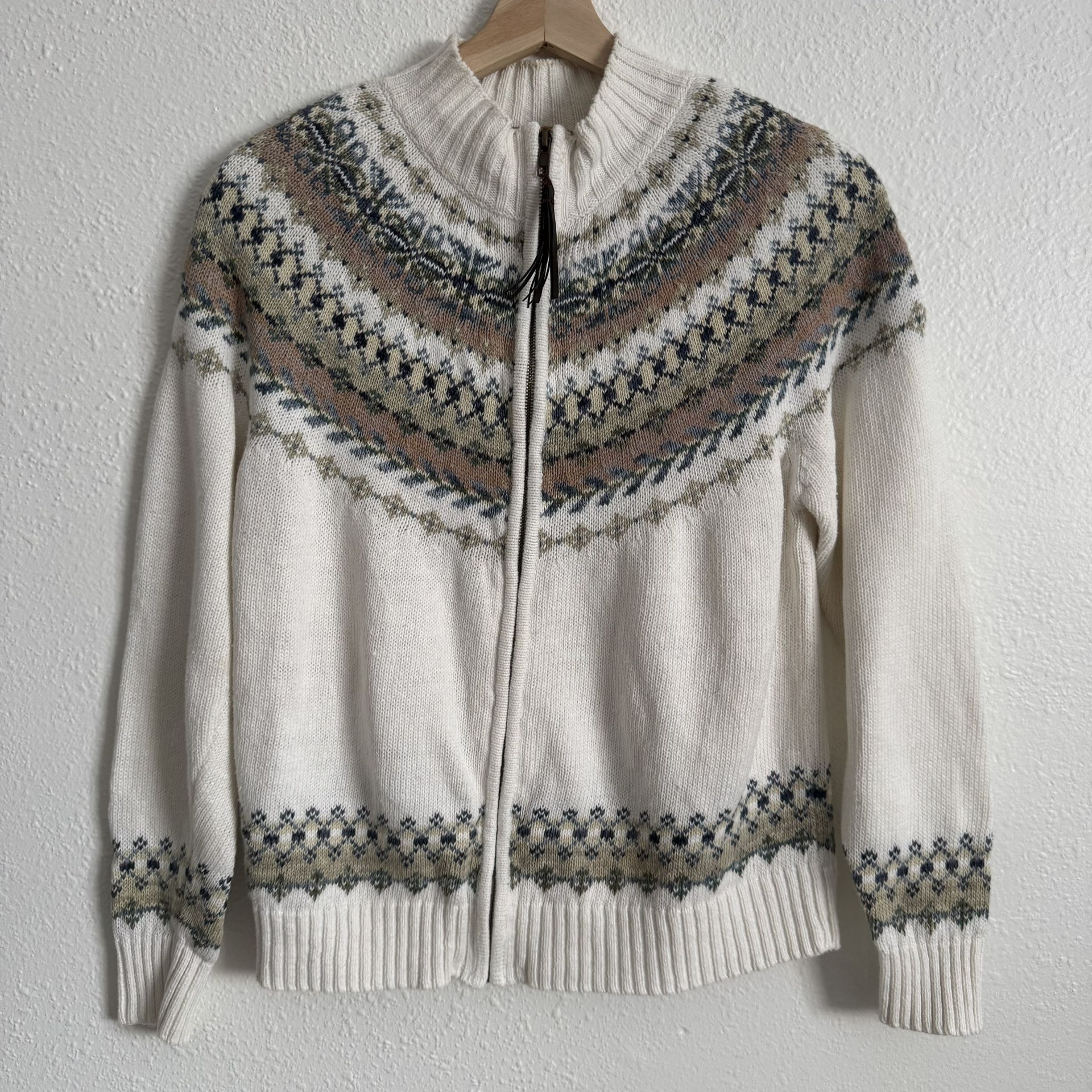 HEIRLOOM COLLECTIBLES Vintage 90s White Tan Fair Isle Full Zip Winter Sweater