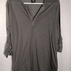 H&M T-Shirt Womens Sm Army Green Henley Long Roll-Tab Sleeves Basic Casual Tee