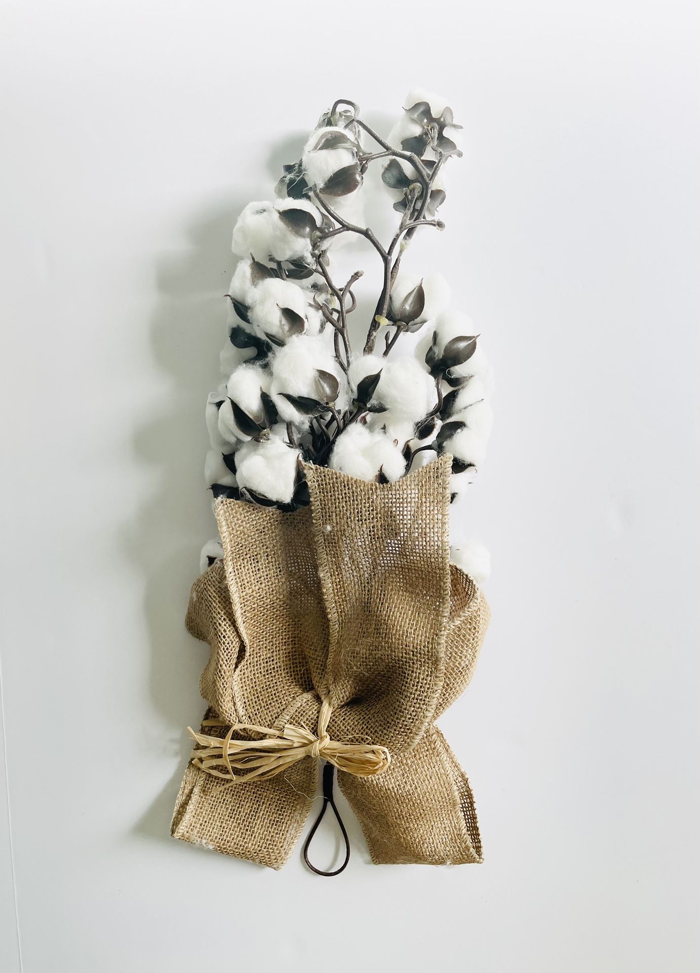 Bouquet Artificial Cotton balls Stems Bouquet With Burlap Bow 18” Long NEW!! NIB