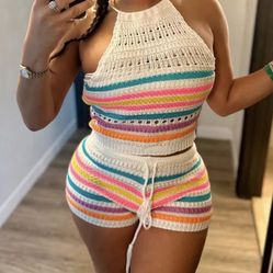 Summer Hot Selling 2023 Knitting Backless Women Suits Colorful Streetwear Women 