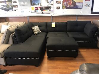 🖤Black fabric sectional with chaise silver studded frame and matching ottoman 🖤 Jordan Home Furniture 👑