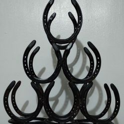 VINTAGE HANDMADE METAL HORSESHOE 6 BOTTLE WINE RACK 16"×5"×15"
