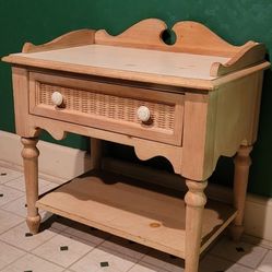 Wood Bedside Table Nightstand with Rattan Drawer & Shelf