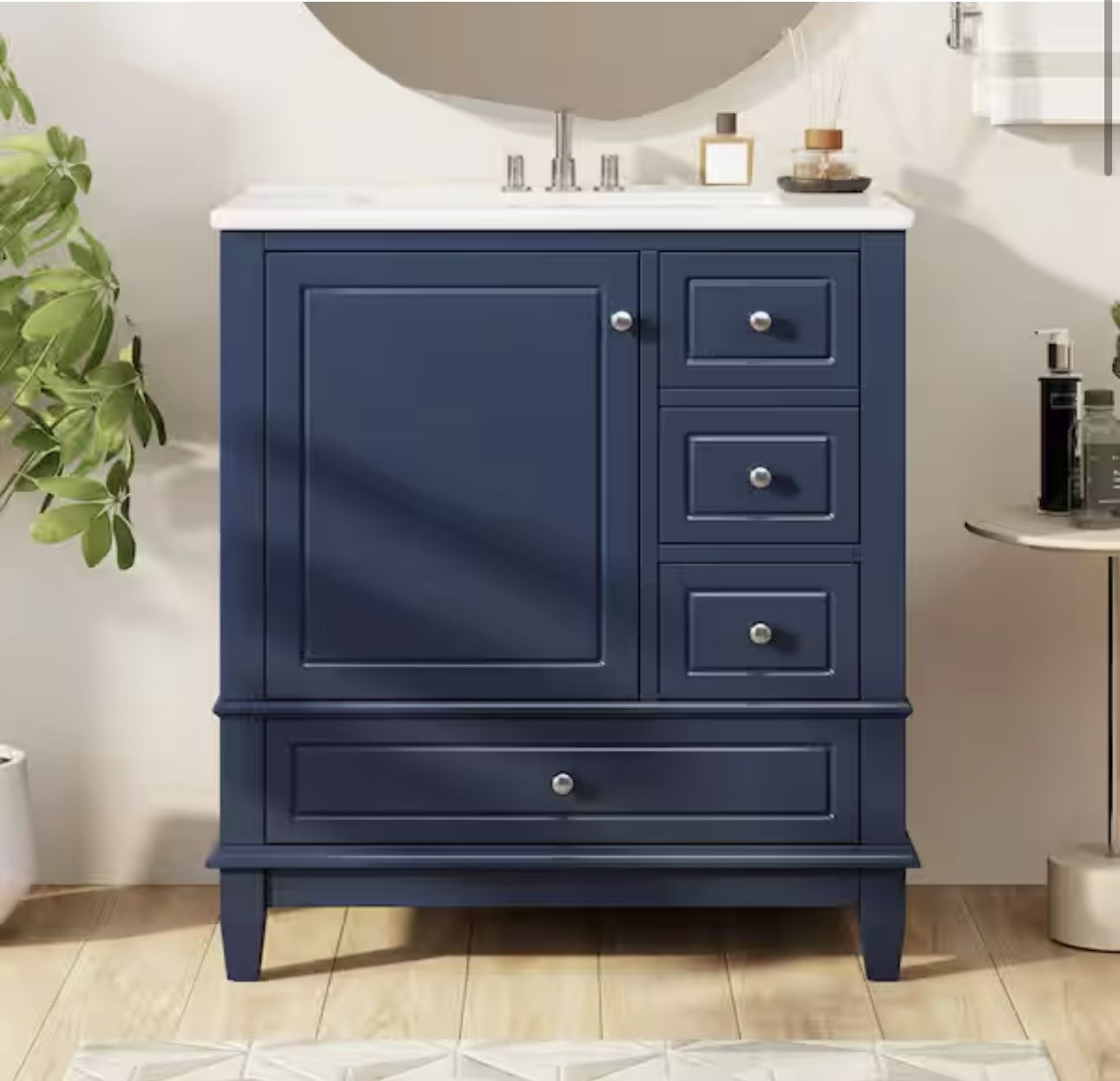30" Free-Standing Bathroom Vanity With Ceramic Sink, Storage Cabinet & 1 Soft-Close Door & 3 Drawers