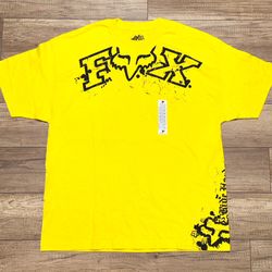 Fox Racing Deluxe Yellow Paint Splatter Logo Spellout Graphic T Shirt Mens 2XL