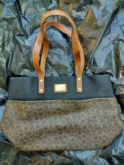 Calvin Klein Logo Monogram Tote Bag Zip Closure Double Handles Gold Hardware