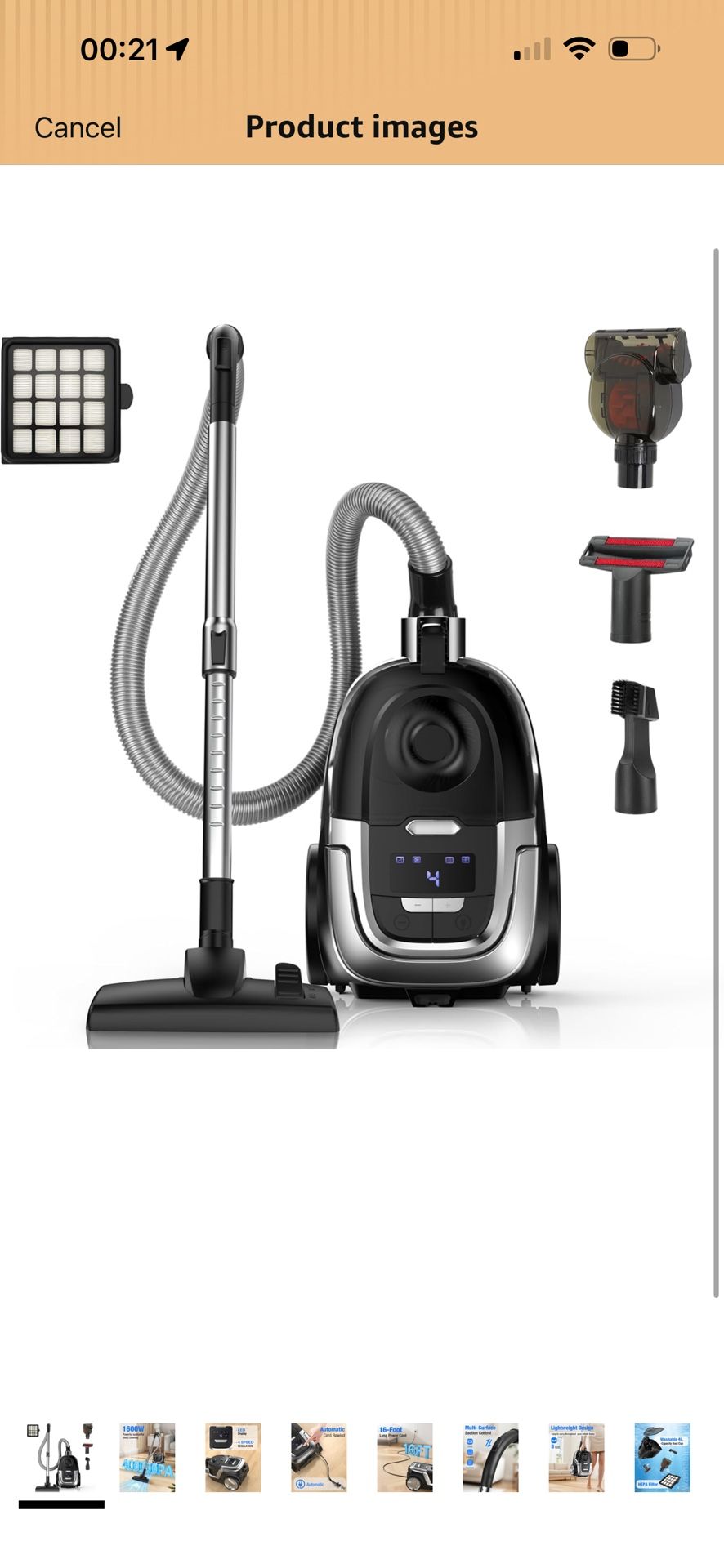 Brand New   Zefiro Canister Vacuum Cleaner, 40Kpa 1600W Bagless Vacuum Cleaner, H13 HEPA Filter, 4L Large Capacity, Lightweight Vacuum for Hard Floors