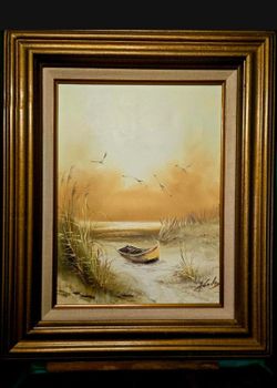 Vintage Framed Original Oil Painting Seascape Birds Signed 19.5"×23.5"
