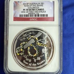 2013P NGC PF70 ULTRA CAMEO AUSTRALIA YEAR OF THE SNAKE COLORIZED 1oz SILVER COIN 