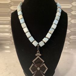 Black Goth Cross Pendant With Glass Stones & Rhinestones 17”