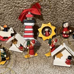 Lot of 24 Vintage Wooden miniature Christmas tree ornaments  Santa snowman angel