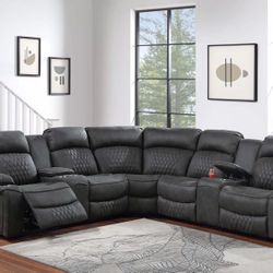 Brand New Comfy Power Reclining Charcoal Sectional Sofa Set 