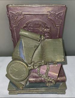 Vintage Bookends Alice In Wonderland Theme Pocket Watch Scrolls Heavy Book Ends