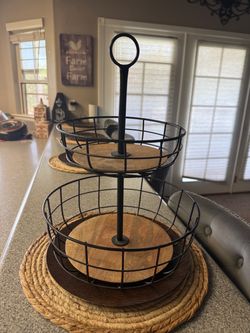 2-Tier Metal and Wood Serving Stand